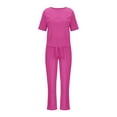 thumbnail image 4 of yardsong 2 Piece Outfits for Women Summer,Womens Two Piece Outfit Crewneck Short Sleeve Tapered Capri Pants Belted Casual Linen Lounge Sets with Pockets Hot Pink,XXL, 4 of 4