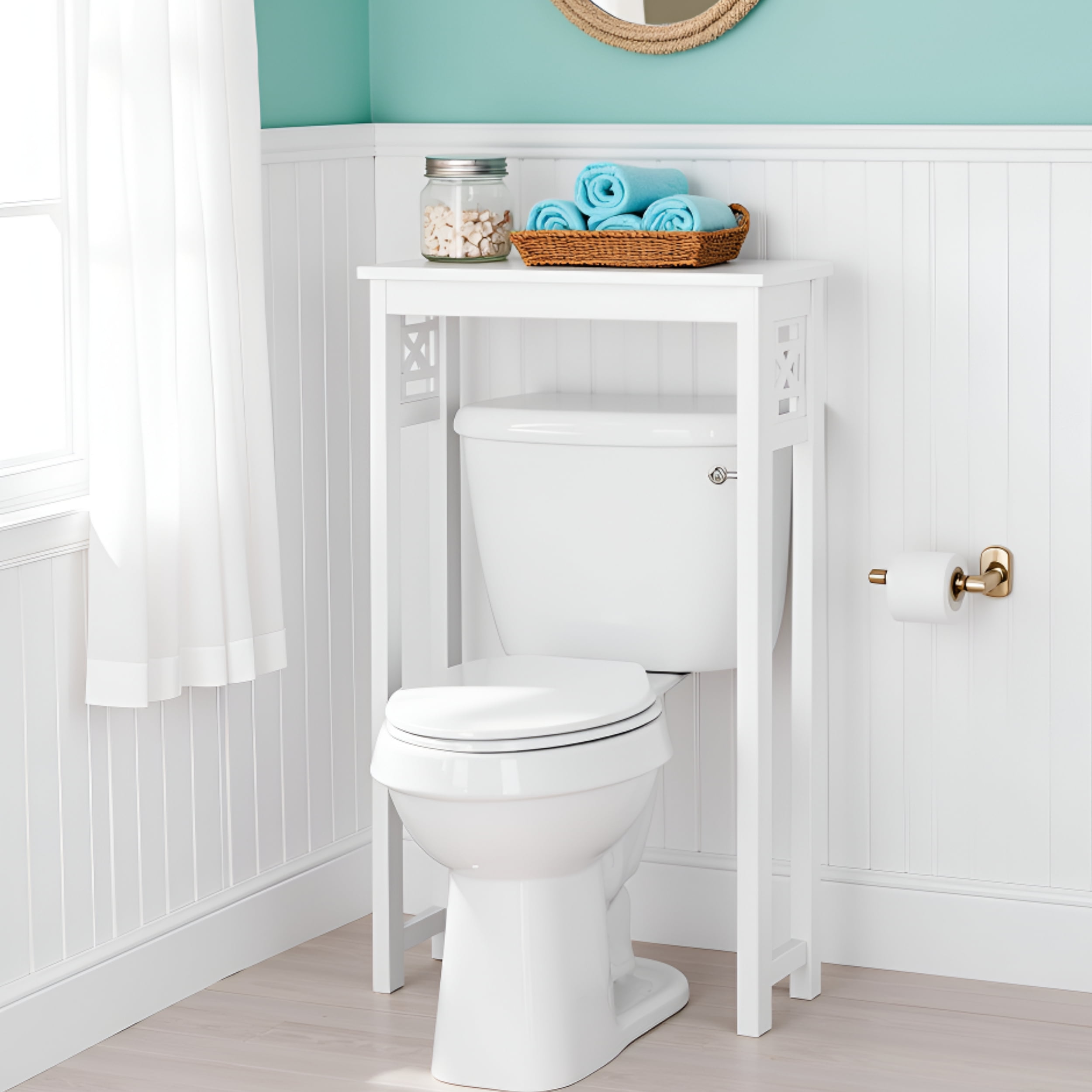 Alaterre Furniture Derby Over Toilet Storage Shelf, 27 in. W x 37 in. H, White, Space-Saving Bathroom Organizer with Fixed Shelf and Open Gridwork Design