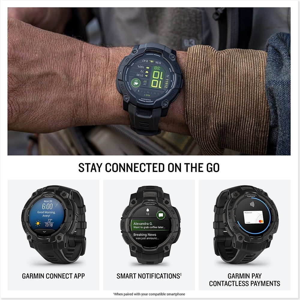 Garmin 010-02936-00 Instinct 3 - 45 mm Outdoor GPS Smartwatch AMOLED Black with Black Band Bundle with Deco Essentials Charging Dock, Silicone Dust Cover 3 Pack and 2-Pack Screen Protector