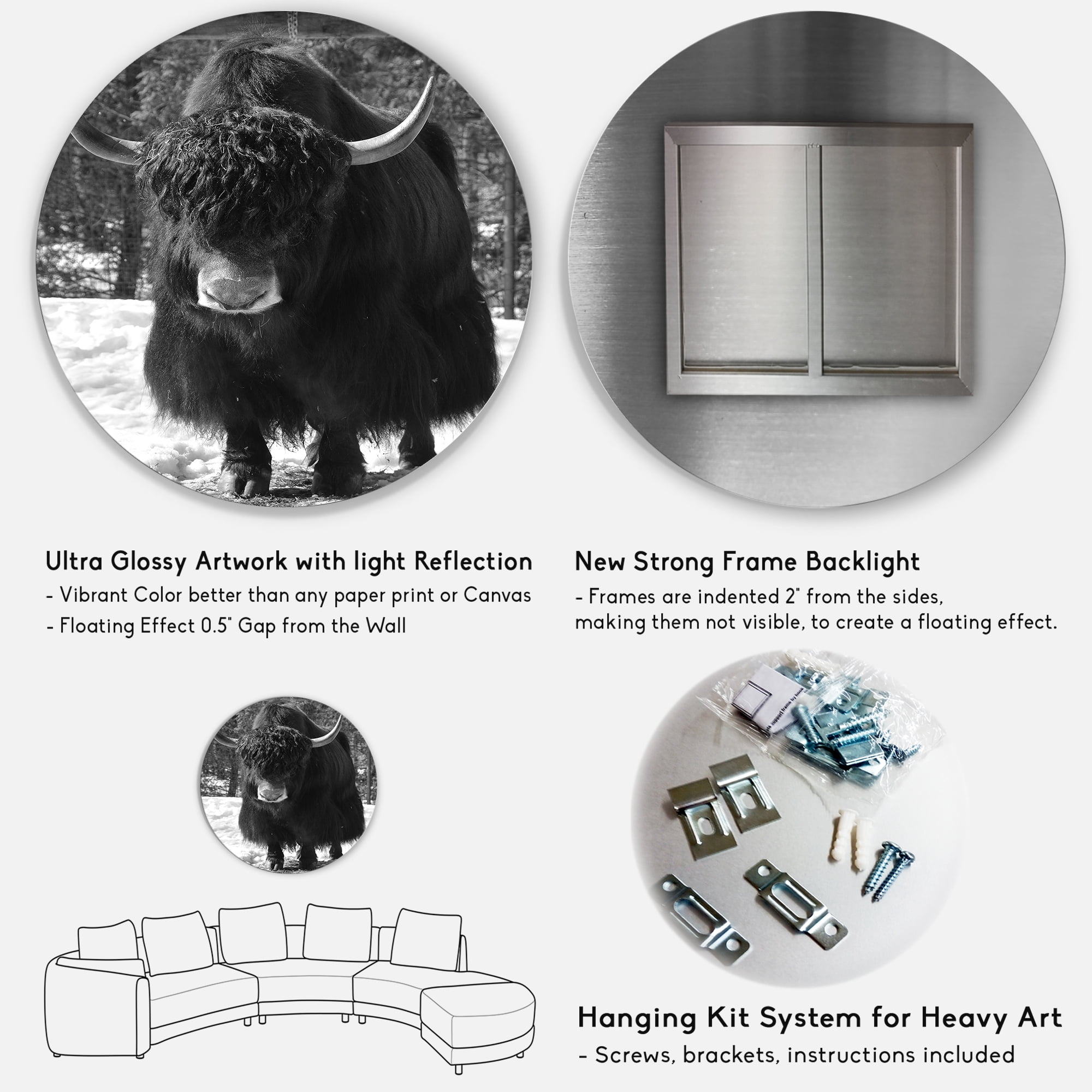 Designart 'Portrait Of Monochrome Wild Bull In Winter Forest I' Farmhouse Circle Metal Wall Art 36x36 - Disc of 36