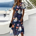 thumbnail image 3 of Women's V Neck Halloween Print Casual Dress Short Sleeve A Line Midi Dress with Self Tie Waist for Daily Wear Party Autumn Outfit Navy M, 3 of 5