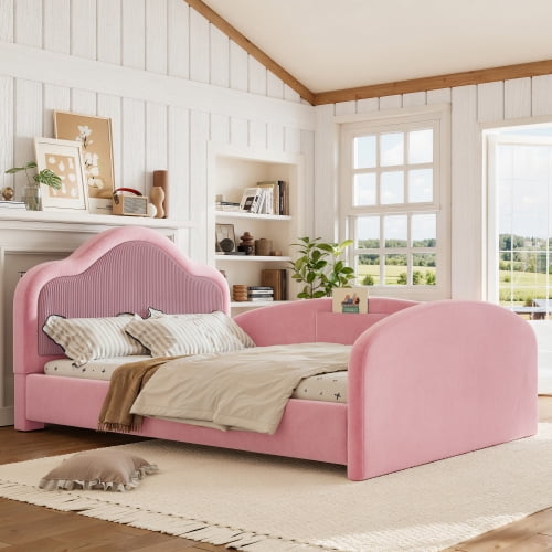 Full Size Upholstered Kids Floor Bed with Curved Headboard, Safety Side Rails & Storage Pocket, Low Profile Playhouse Bed, Pink