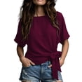 thumbnail image 3 of Womens Cap Sleeve T Shirts 2026 Tie Waist Wrap Tops Crew Neck Short Sleeve Blouses Dressy Casual Tunics Loose Fit Work Business Outfits Lightweight Going Out Tops 2026 Fall Outfits(Wine,L), 3 of 8