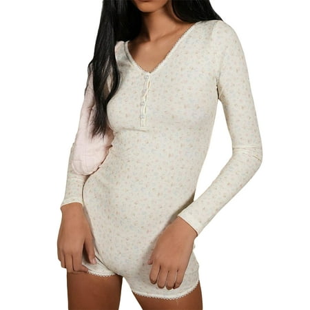 

LisenraIn Y2k Knitted One Piece Bodysuit Short Sleeve Bodycon Jumpsuit Button Collar Ribbed Romper Playsuit