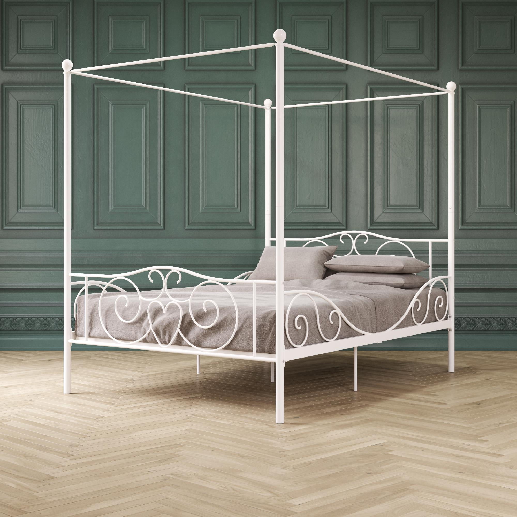 Canopy Bed Frame Full Size Metal Princess Girls Kids Bedroom Furniture White New 