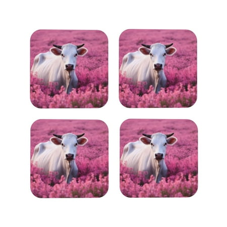 

Leather Coasters with Heat-resistant for Drinks Pink Flower Field Cow Cup Coasters Cup Pad Mat for Tabletop Protection Coffee Table Office Desk and Housewarming Gift