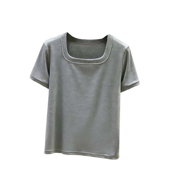 Htigea Ribbed T-Shirts for Women Short Sleeve Square Neck Tees Summer Slim Fitted Going Out Tops Gray M