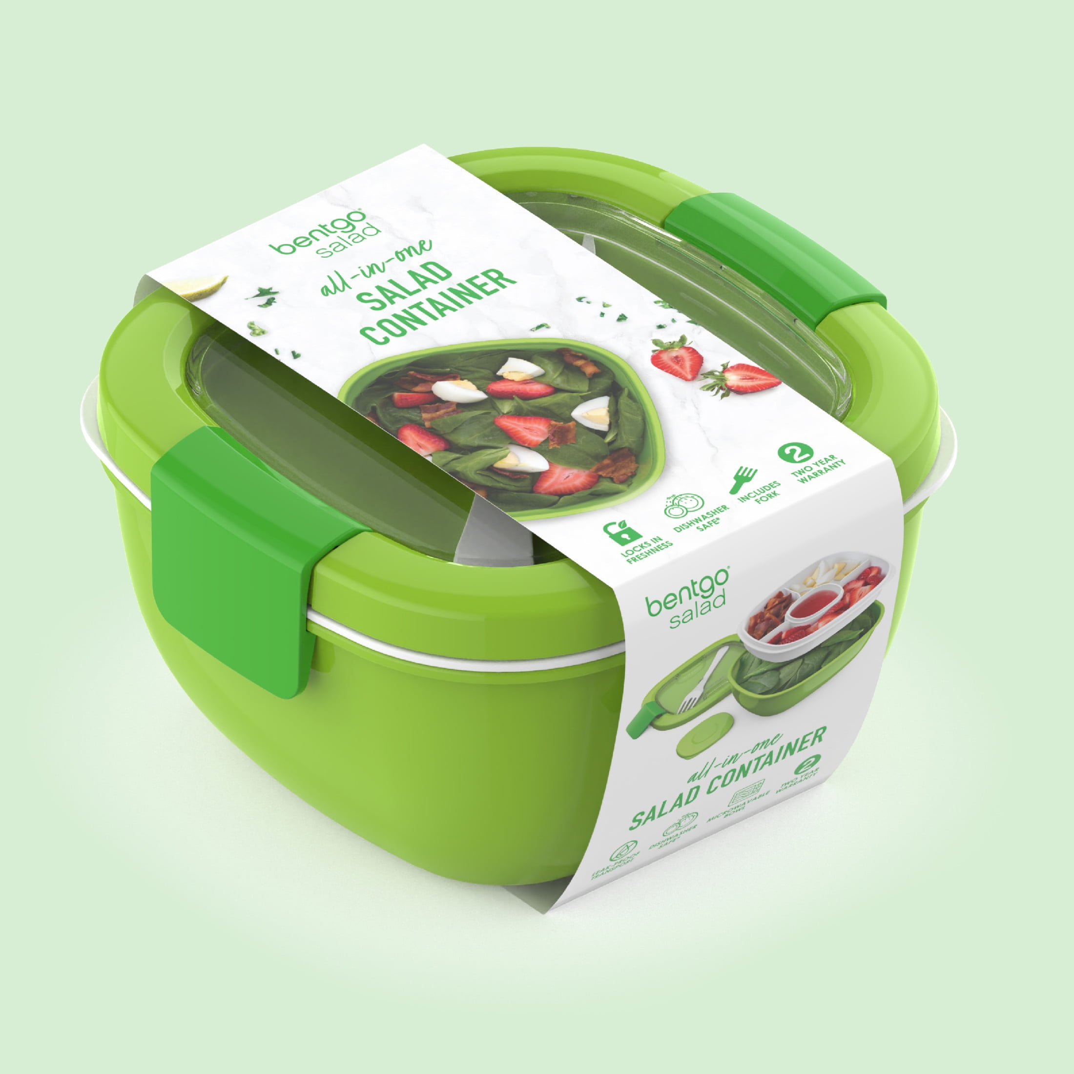 Bentgo Salad Container - 6.75 cup Bowl with 4-Compartment Toppings Tray, Leak-Proof Dressing Container, Reusable Fork, BPA-Free Lunch Box for Meal Prep & Food Storage; Removable Bento Tray (Green)