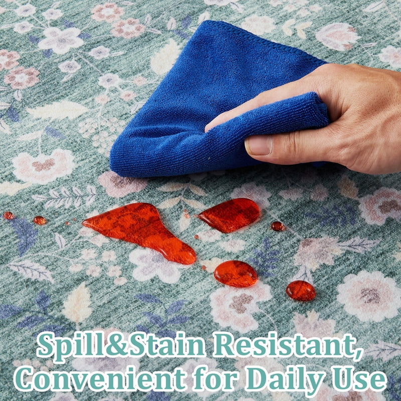 Area Rugs 9'x12' Washable Floral Rugs for Living Room Non Slip Low Pile Carpet for Office Bedroom Kids Room Bedside Green
