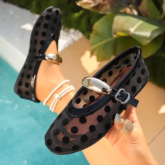 Women's Flats Shoes Summer Polka Dots Novel Cut-Out Mesh Breathable Ballet Flats Shoes Bowknot Pointed Toe Comfortable Casual Dress Shoes Black 7.5