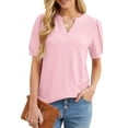 thumbnail image 2 of JWD Womens Shirts Casual V Neck Tshirts Puff Short Sleeve Summer Tops Tunic Blouses Pink M, 2 of 6