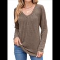 thumbnail image 1 of Camisetas de Larga para Mujer, Cuello en V, Suaves, Básicas, Holgadas, Informales, Moda de Otoño. Café S, 1 of 10