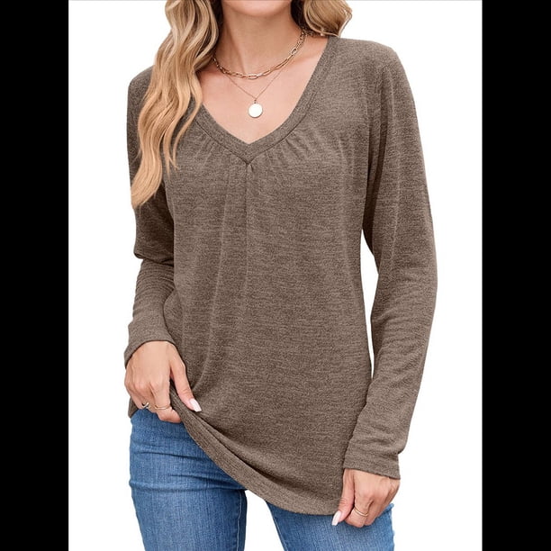 Camisetas de Larga para Mujer, Cuello en V, Suaves, Básicas, Holgadas, Informales, Moda de Otoño. Café L