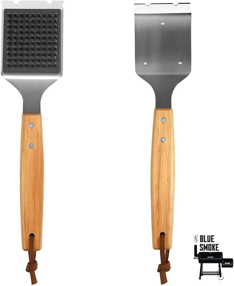 Grill Brush and Scraper – Heavy Duty BBQ Cleaner with Stainless Steel Bristles, Solid Wooden Handle & Leather Strap Barbecue Cleaning Tool for Gas, Charcoal, Smoker Grates