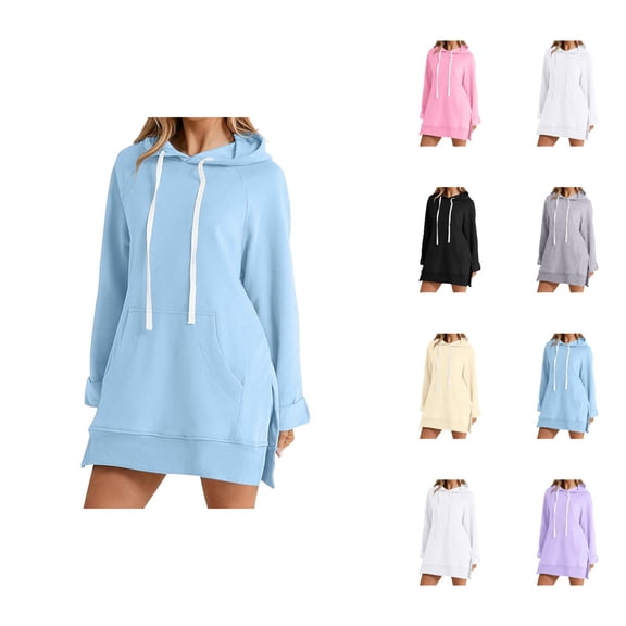 Plain Hoodie Dress for Women 2025 Fall Winter Long Sleeve Side Slit Hooded Sweatshirt with Pockets Pullover Tops