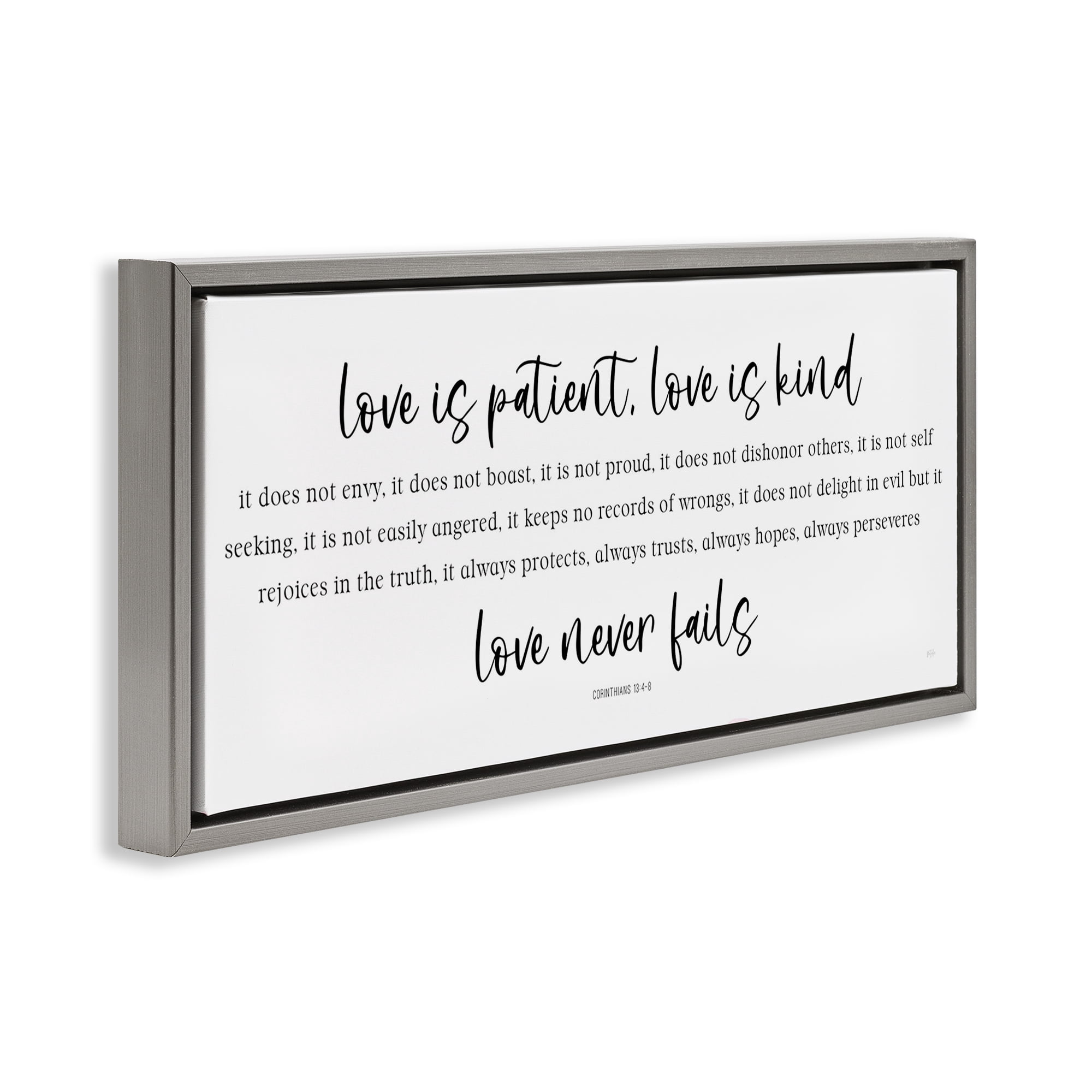 Stupell Industries Love Never Fails Proverb Gray Framed Floater Canvas Wall Art, design by Natalie Carpentieri