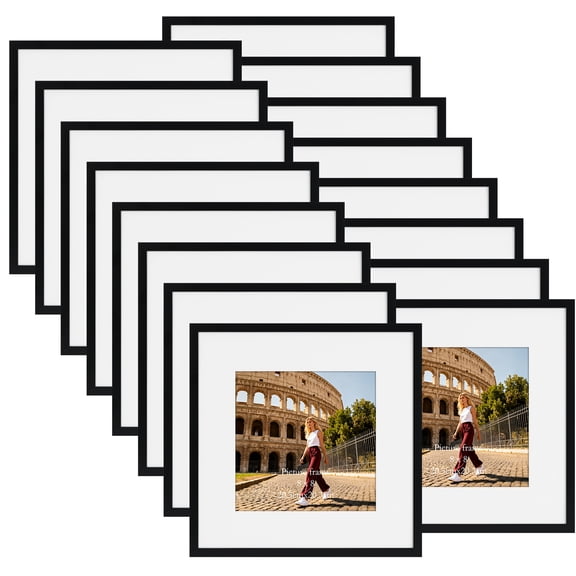12x12 Picture Frame Set of 16, Matted to 8x8 Pictures with Mat or 12x12 Photo Without Mat, Matted Square Frames for Wall or Tabletop Display, Black