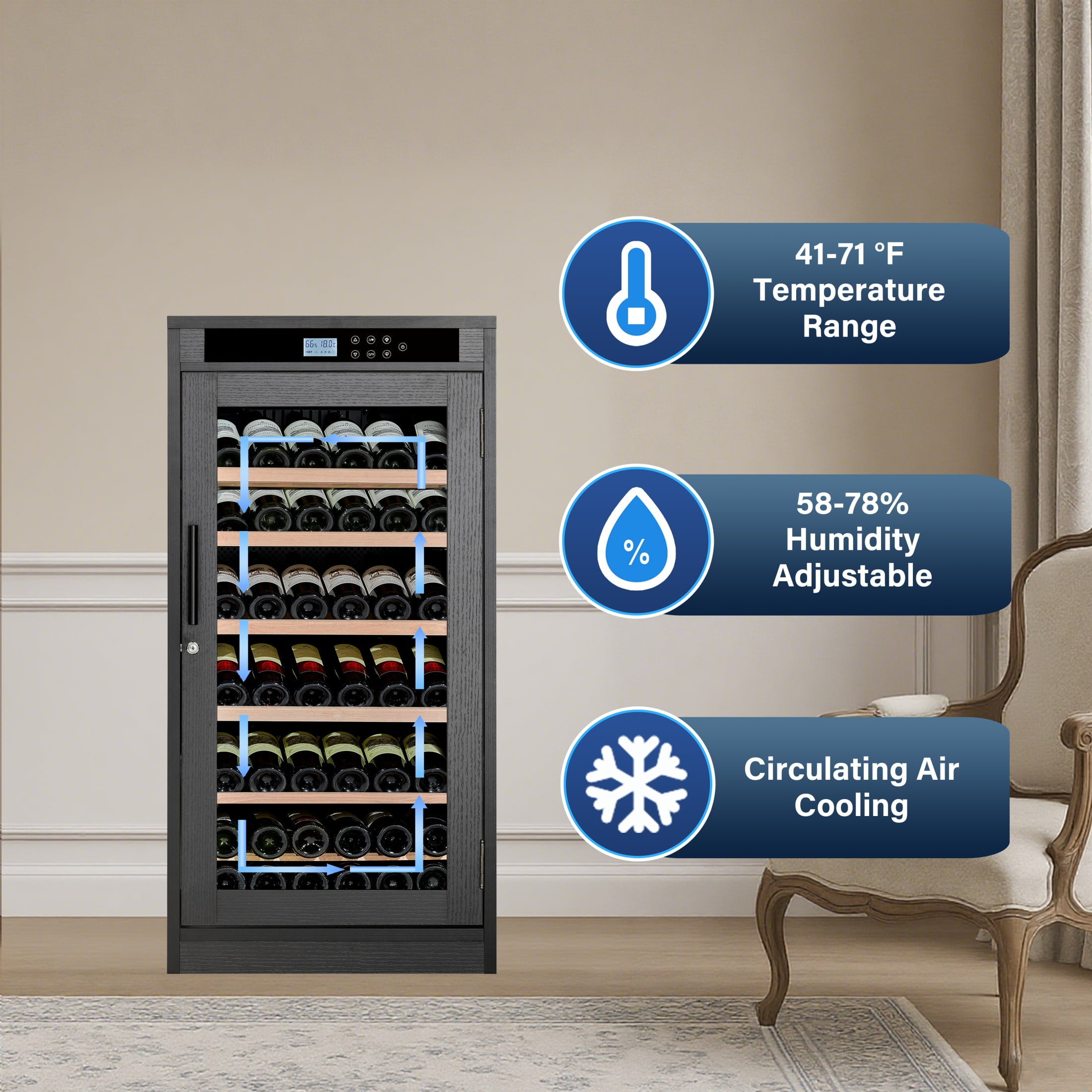 CTOSPOATO 69 Bottle Wine Cooler,Compressor Wine Cabinet with LED Touch Screen,Constant Temperature & Humidity Control,Double-Layer Tempered Glass,Black Wood for Home Bar,Kitchen,Black