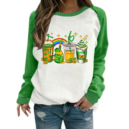 

Women St Patrick s Day Long Sleeve Sweatshirts T Shirt Printed Casual Loose Tunic Pullover Green Tees Tops Green shirts for women Small