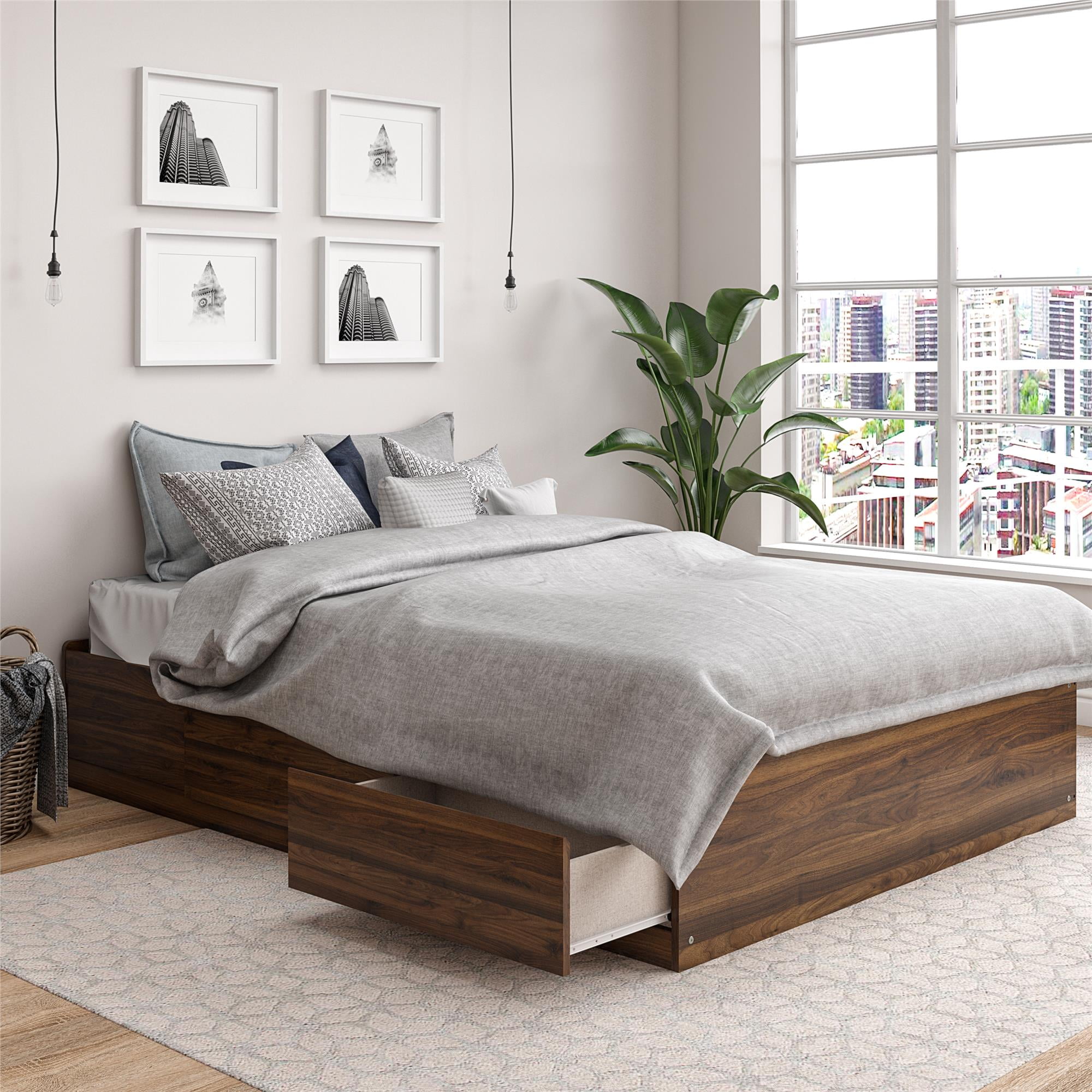 Ameriwood Home Full Platform Bed with Drawers, Walnut