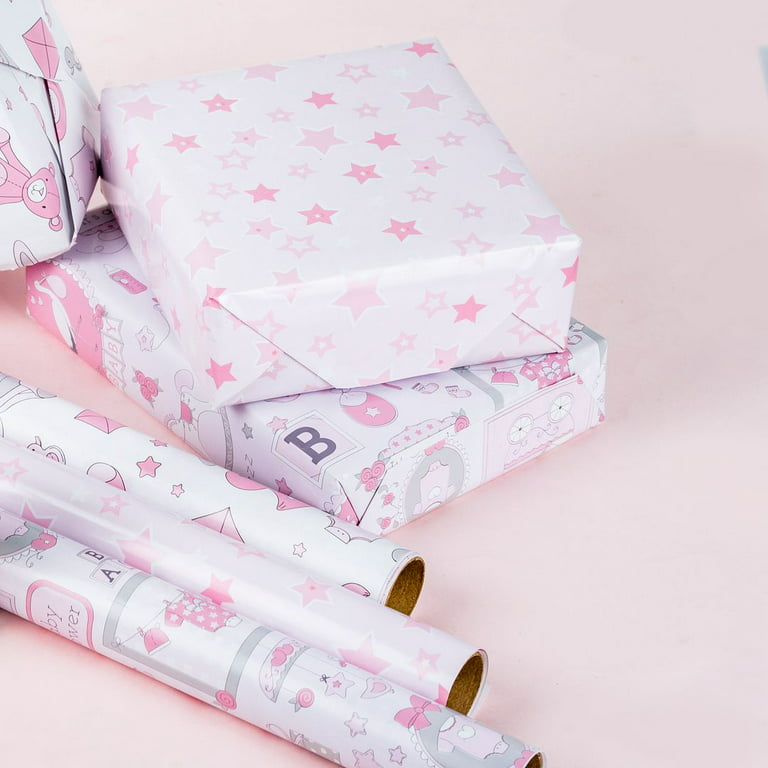 Baby Shower Wrapping Paper - Baby Girl Mini Roll - Bear Toy/ Balloon, Baby/  Star Print in Pink - 17 x 120 inches - 3 Rolls (42.5 sq.ft.ttl.)
