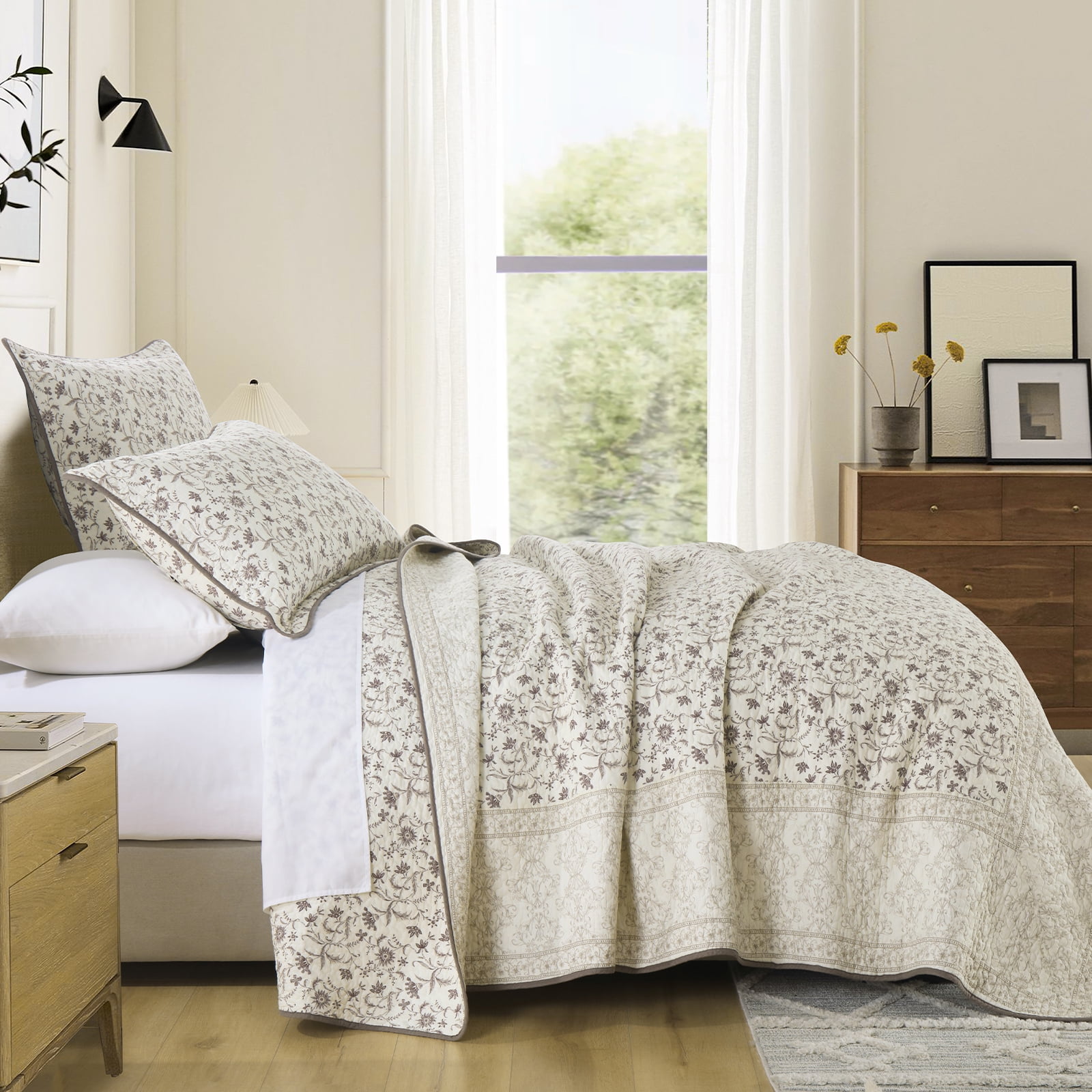 DDUOXIN Floral Beige Queen Size Quilts - 100% Cotton Queen Size Bedspread Quilt Set, Flower Quilted Bedspreads for Queen Bed, Lightweight Reversible Bedding Set for All-season, Purple/Beige Brown