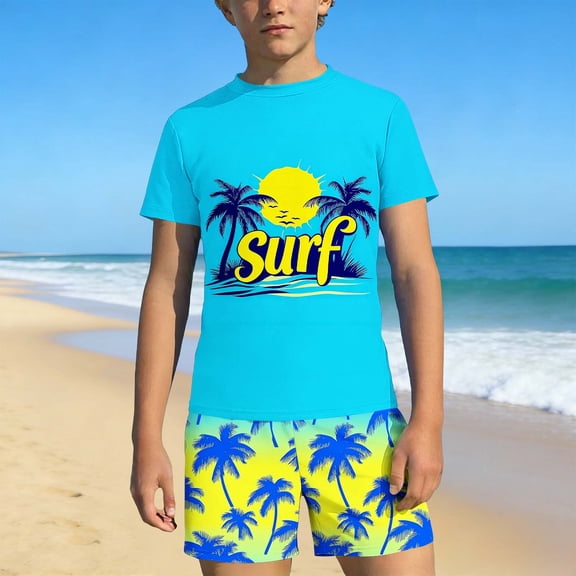 Cethrio Boys' Rash Guard Swimsuits Size 8, Short Sleeve Surfing 2 Piece Vacation Kids' Swimwear Bathing Suit Multicolor Size 8