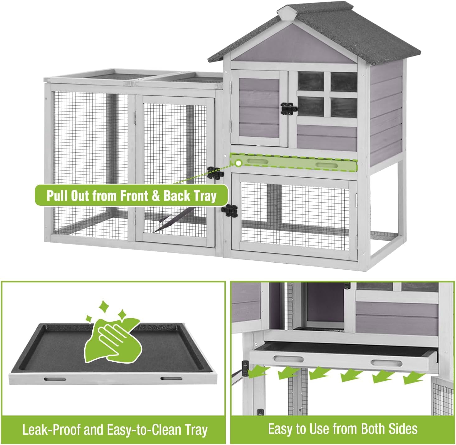 MEDEHOO Large Rabbit Hutch Outdoor 2-Level Wooden Chicken Coop Indoor Weatherproof Bunny Cage Guinea Pig House with Waterproof Roof, Leak-Proof Pull Out Tray, Lockable Door for Small Animals (Grey)
