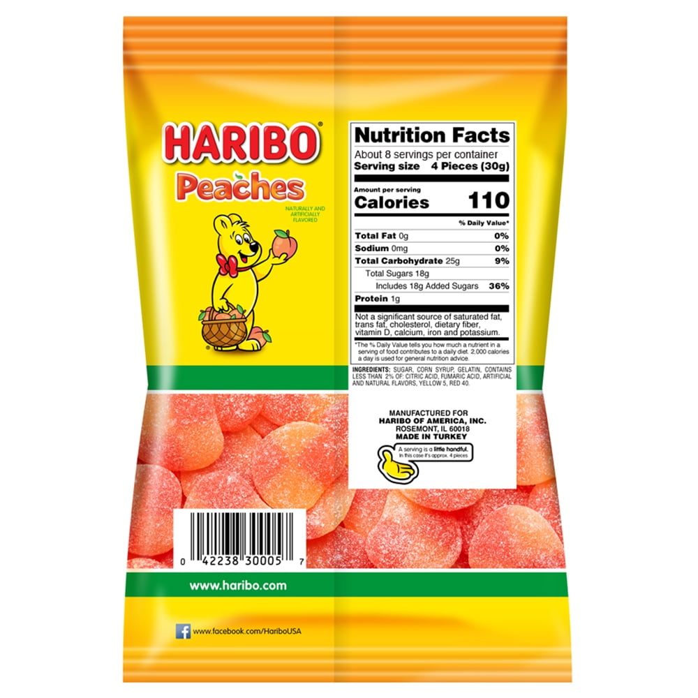 HARIBO Peaches Gummies Fruity Peach Flavor Gummy Candy, 8oz, Share Size Bag