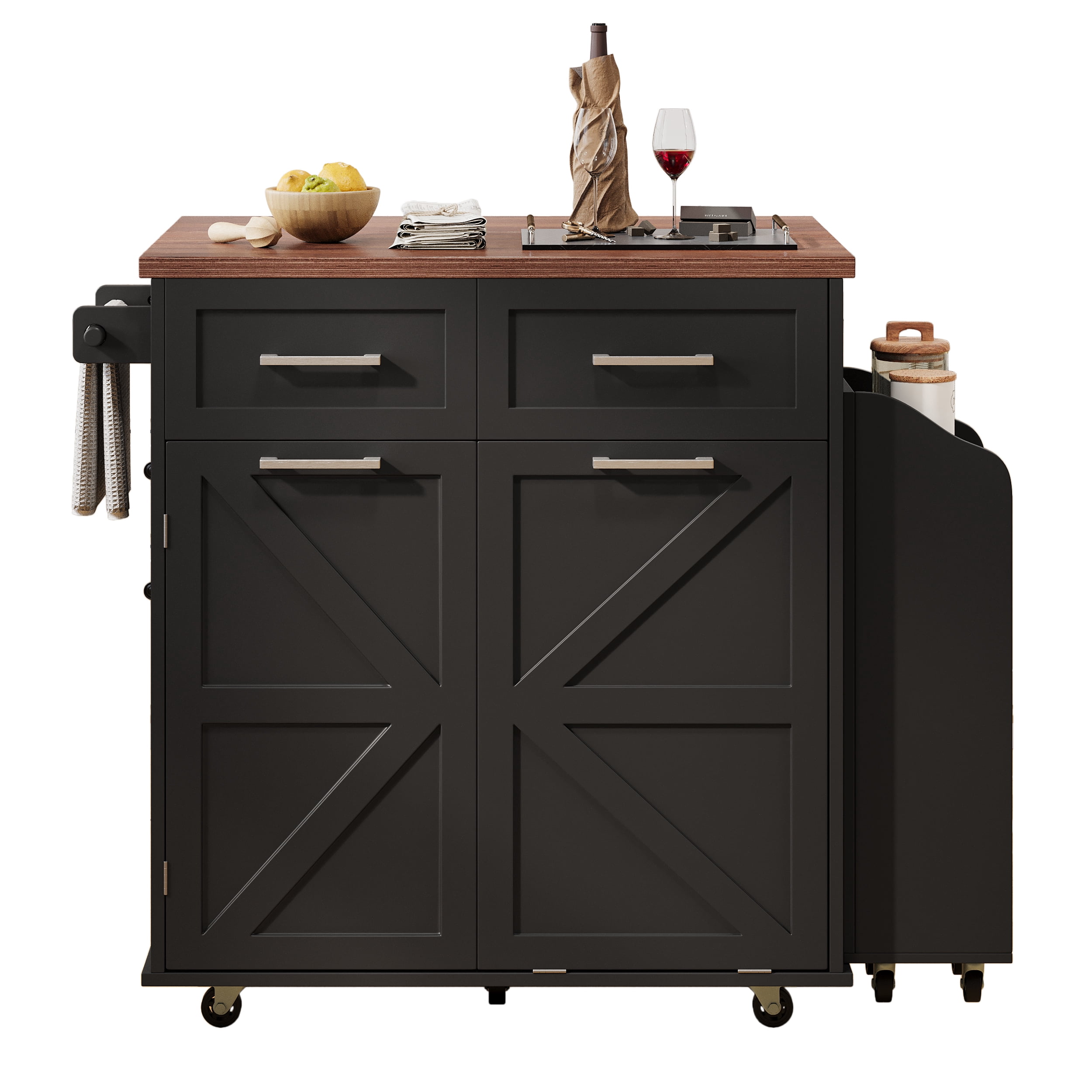 Euroco 47.2" Farmhouse Kitchen Island with Drop Leaf, Kitchen Storage Island with Removable Side Racks, Two Drawers, Rolling Kitchen Cart on Wheels with Towel Rack