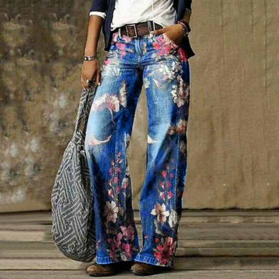 Wide Leg Jeans Woman Classic Fit Fashion Printed Long Jeans Pants Casual Solid Color Denim Pants Travel with Pockets