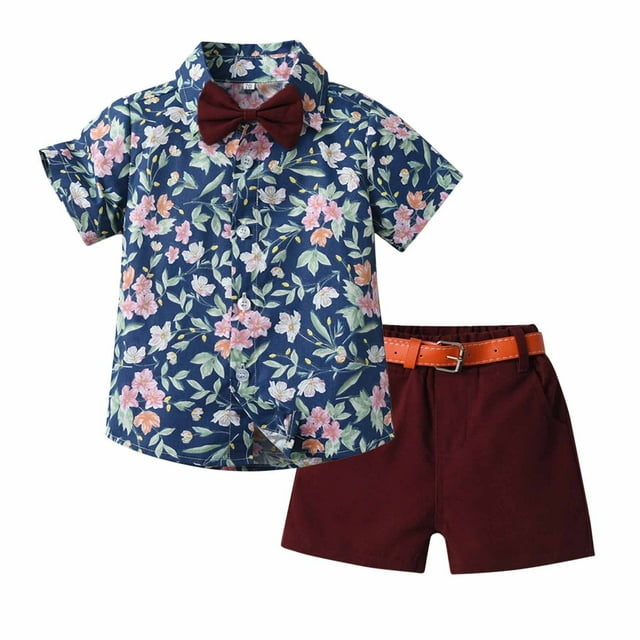 Birdeem Ensemble d'Été pour Enfants Garçons Chemise à Manches Courtes avec Col et Short avec Ceinture et Cravate