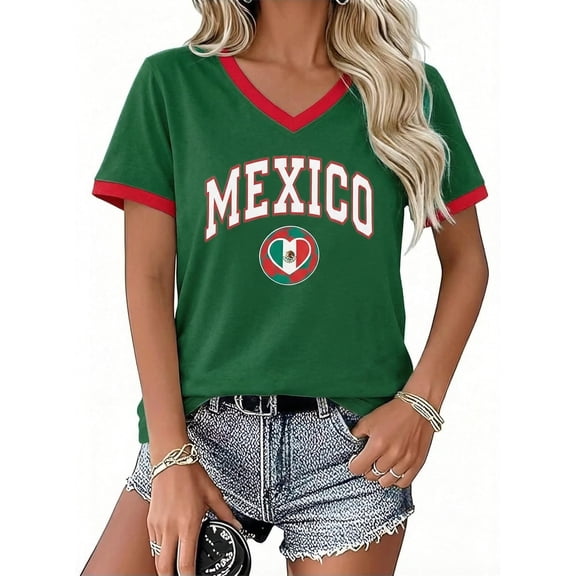 Women's Mexico Soccer Fan T-Shirt, Patriotic Green Red Heart Flag Graphic V-Neck Ringer Tee, 2026 Game Day Soccer Tournament Supporter Top