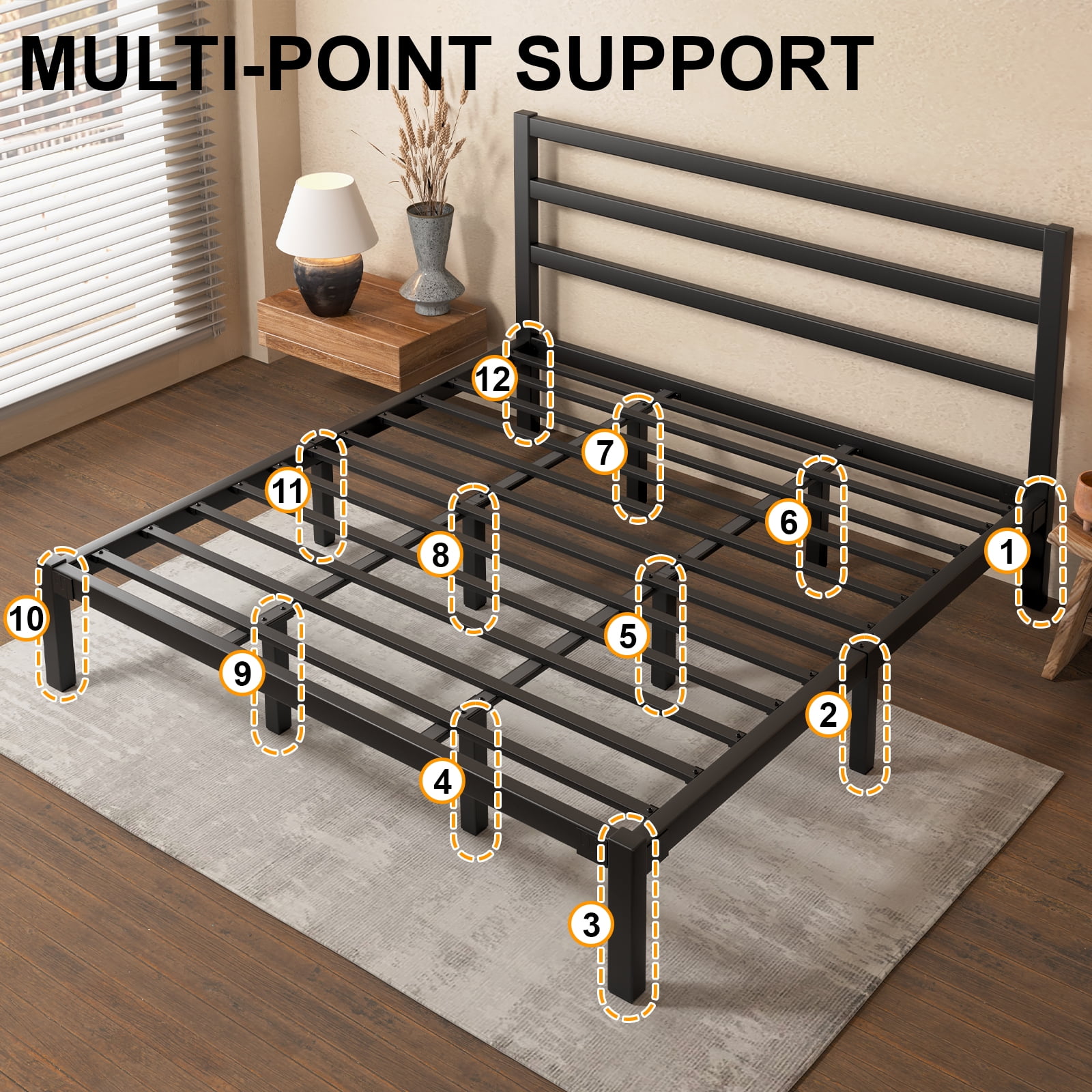 E-motie King Size Metal Platform Bed Frame with Headboard, Heavy Duty Metal Slat Mattress Foundation, Easy Assembly, No Box Spring Needed, Black