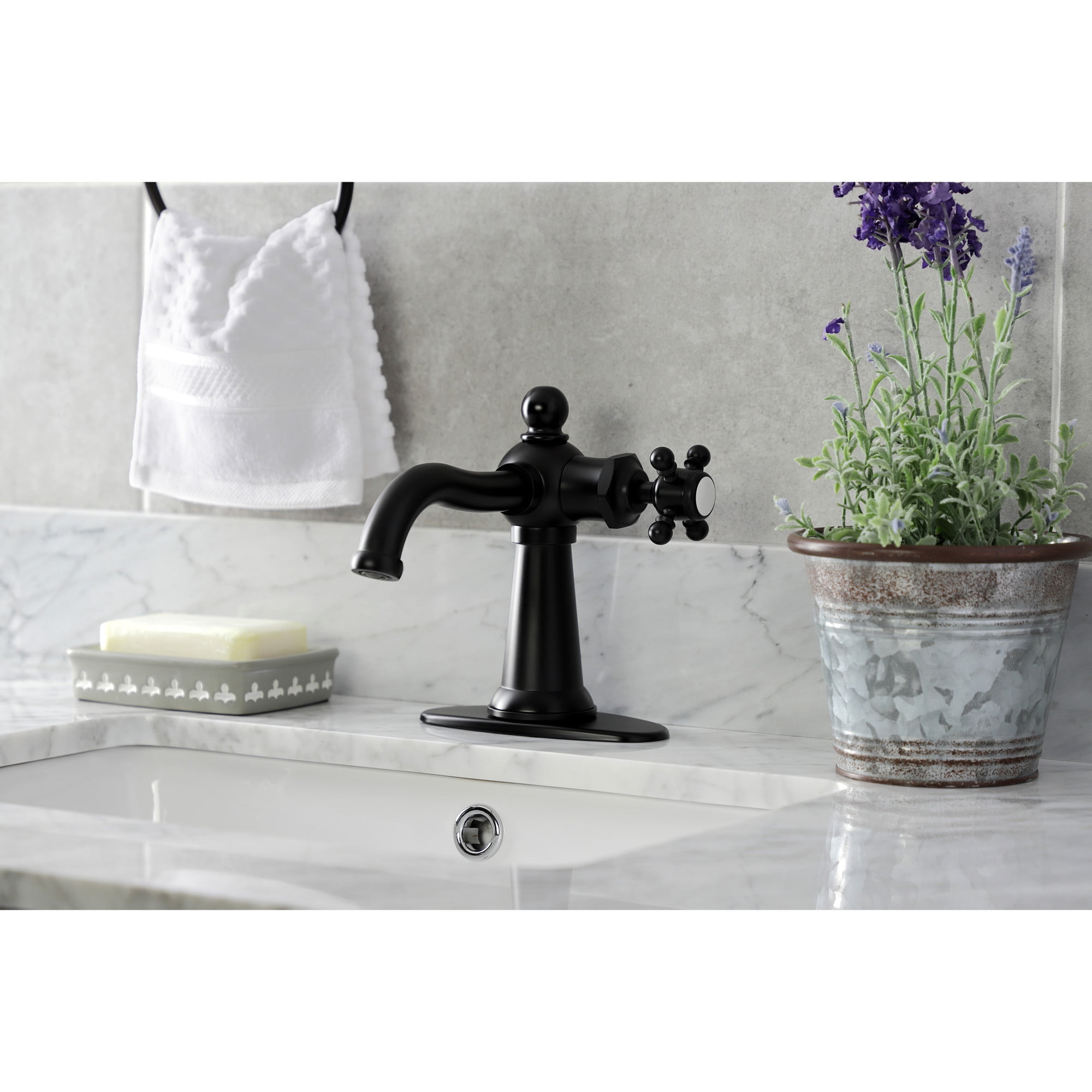 Kingston Brass KSD154BXMB Nautical One-Handle Single-Hole Bathroom Faucet with Deck Plate and Push Pop-Up Drain, Matte Black