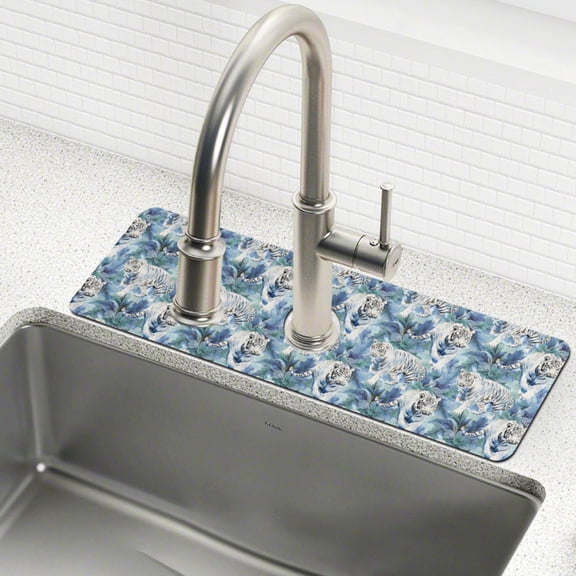 Yayeee Faucet Mat for Kitchen Sink 14.7" Diatomite Long Splash Guard Pad, White Tiger Pattern