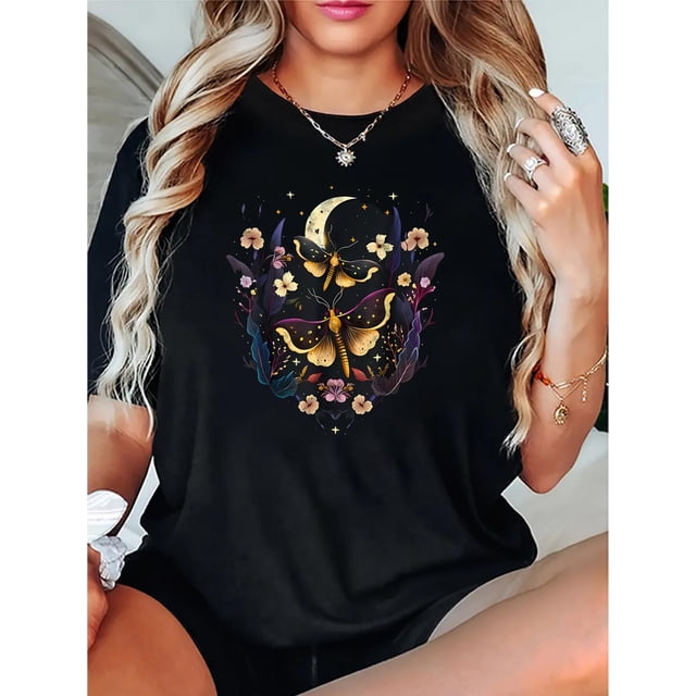 Camiseta de verano para mujer Manga Corta Women's Casual Butterfly & Moon Graphic Tee - Comfy Crew Neck Short Sleeve T-Shirt, Perfect for SummerFather's Day, Mother's Day, New Year, Spring Festival,
