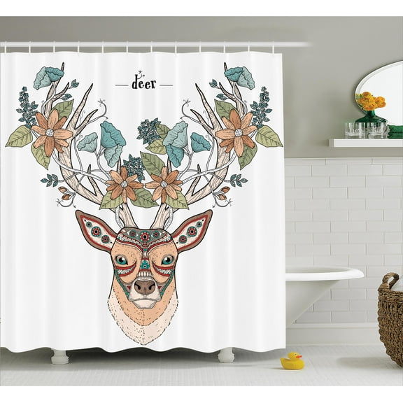 Deer Decor Shower Curtain Set, Deer Head with Flowers Blooms Ethnic Cultural Design Ornamental Illustration Print, Bathroom Decor,  Tan Green Teal, by Ambesonne
