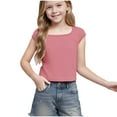 thumbnail image 2 of Piuwrlz Summer Short T Shirt Sleeve Kid Girl Boy Pink T-Shirt Square Collar Shirt Top Pink Size 110, 2 of 9