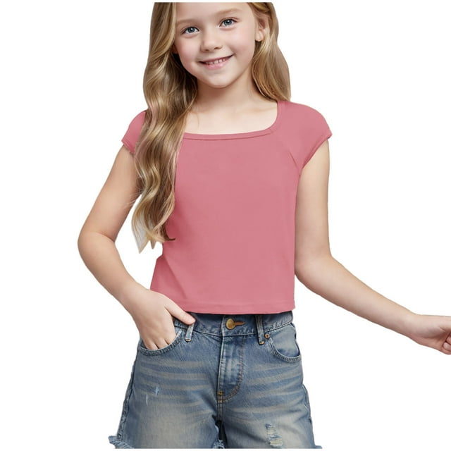 Mgmyaa T-Shirts Courts à Manches Courtes pour Filles Hauts d'Été pour Enfants Tee-Shirt Basique Col Rond Blouses 5-16 Ans