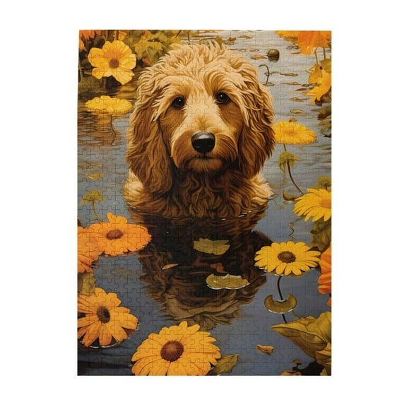 500-Piece Wooden Jigsaw Puzzle for Adults - Goldendoodle Water Flowers Leaves , Fun & Relaxing Family Game, No-Dust Interlocking Pieces, Perfect Wall Decor & Holiday Gift
