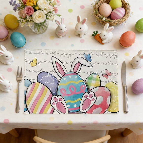 Ensemble de Table de Pâques, Napperons Antidérapants pour Salle à Manger, Chemin de Table Décoratif pour Cuisine, Napperons en Lin Lavables pour Fête de Vacances, Décoration de Maison, Protecteur de Table Réutilisable pour Décorations de Dîner