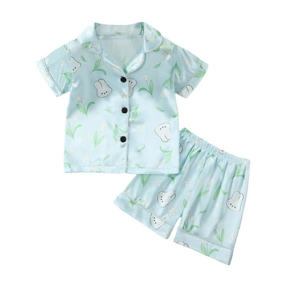Gubotare Little Girl Pajamas Classic Girls Short-Sleeved Pajamas Two-Piece Summer Pj Sets,Mint Green 3-4 Years