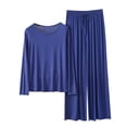 thumbnail image 3 of Sentmoon 2 Pcs Chemises de Nuit pour Femmes Col Ras du Cou Ensemble de Détente pour Femmes Manches Longues Coupe Décontractée Extensible Couleur Unie Pyjamas pour Dames Mode d'Été pour les Vacances TTG, 3 of 4