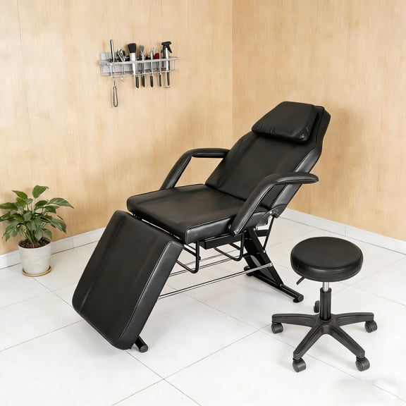 3 Fold Height Adjustable Adjustable Facial Lash Bed Tattoo Salon Chair, Esthetician Facial Bed, Lash Massage Table, Spa Multipurpose Massage Bed with Rolling Stool for Tattoo Studio