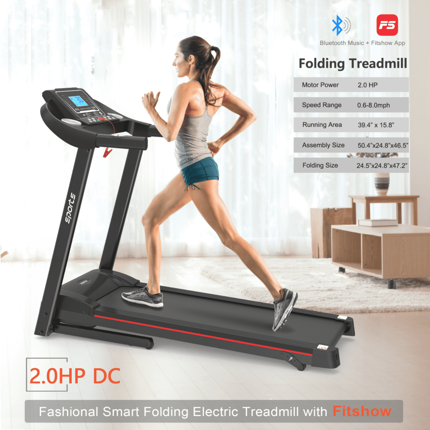 Fitshow App Home Foldable Treadmill with Incline, 250 LB Capacity, Bluetooth Music, 5" LCD Screen, Hydraulic Folding for Easy Storage, 12 Workout Programs