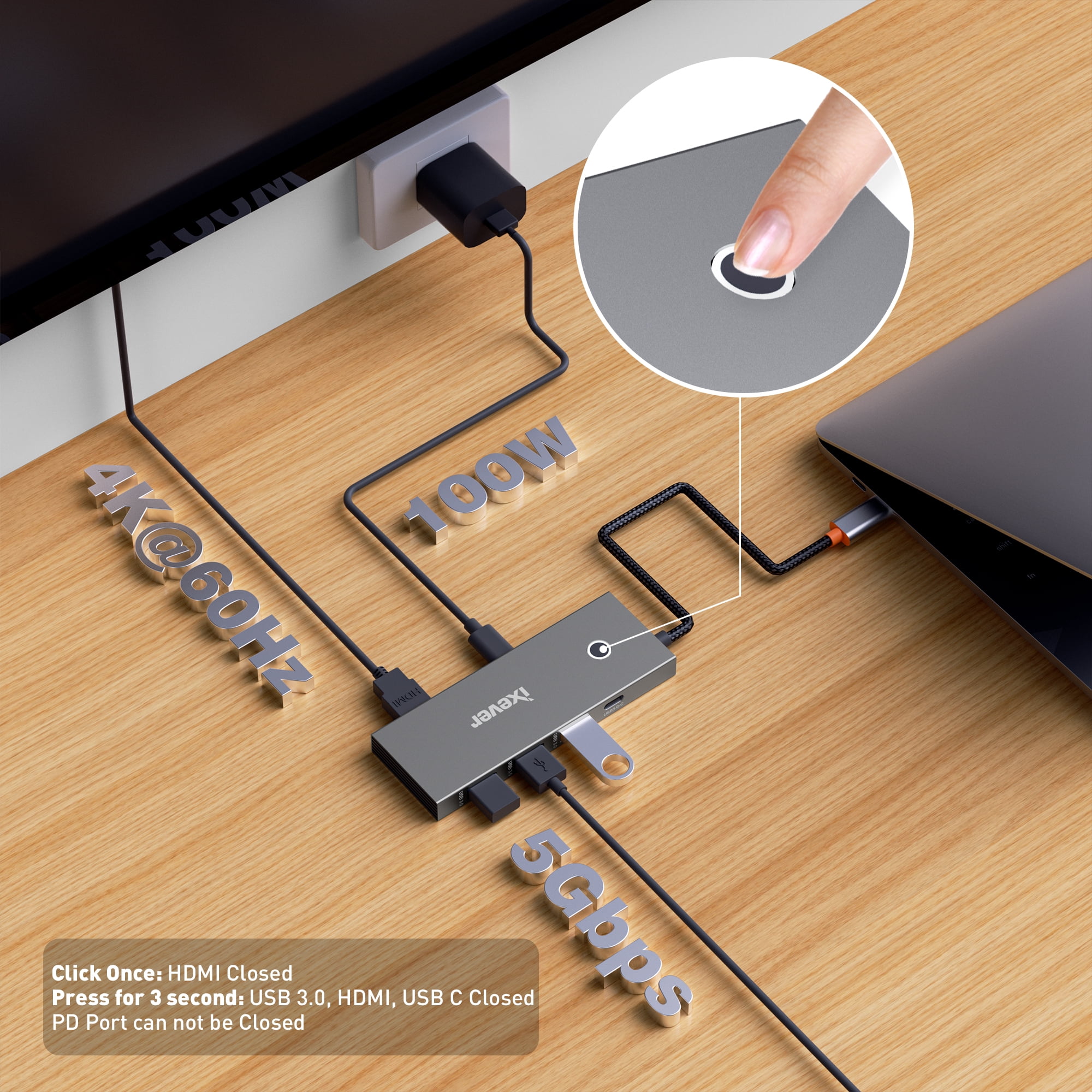 USB C Docking Station 6-in1, iXever USB Type C to HDMI 2.0 4K@60Hz, 2x USB 3.0 HUB, USB Type C, PD 100W Charging Ports