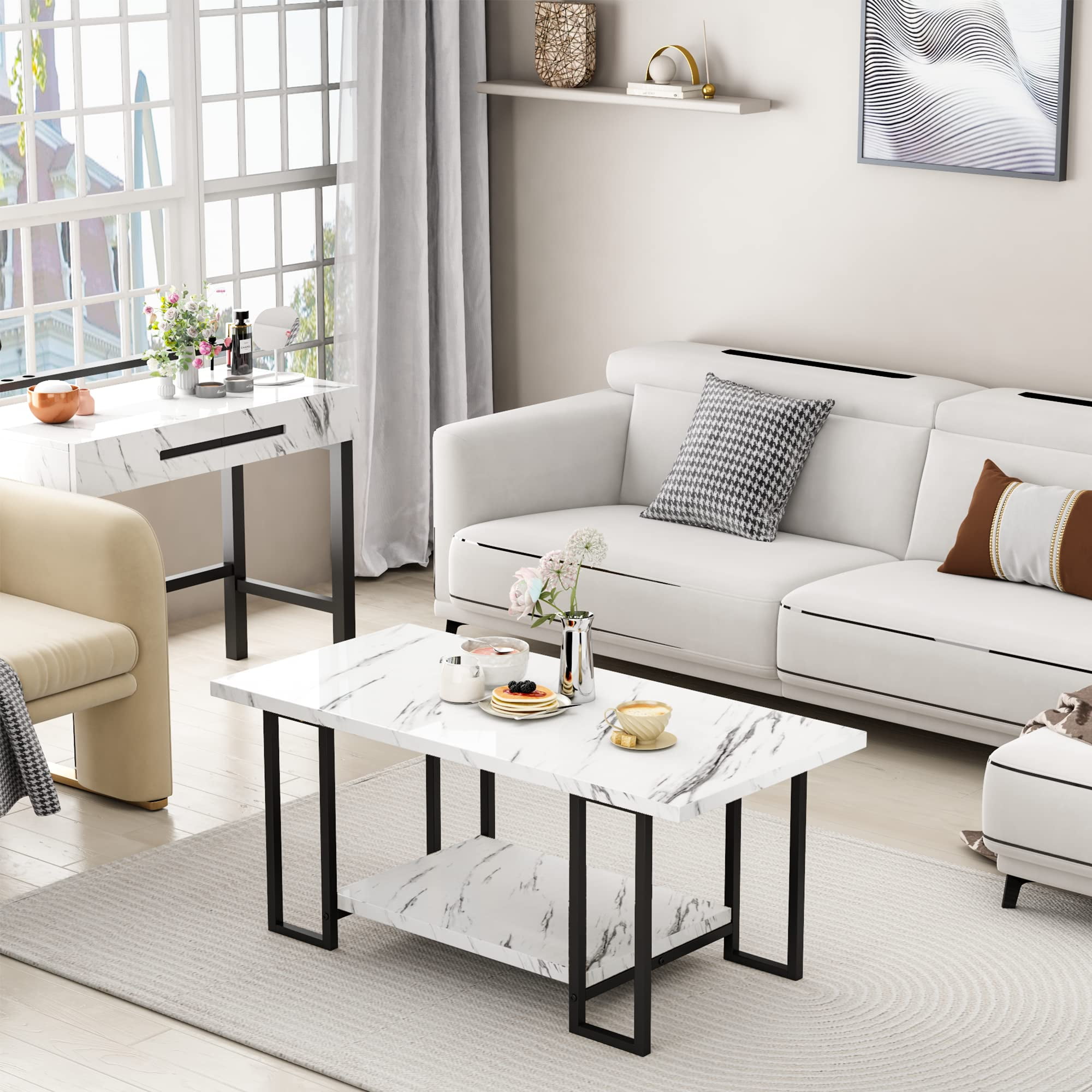 Baxluxe Long Coffee Table with Storage Tea Table Rectangle Coffee Table for Living Room,Faux Marble Sofa Table 2-Tier Storage Center Table,Table Modern Coffee Table,SWhite & Black