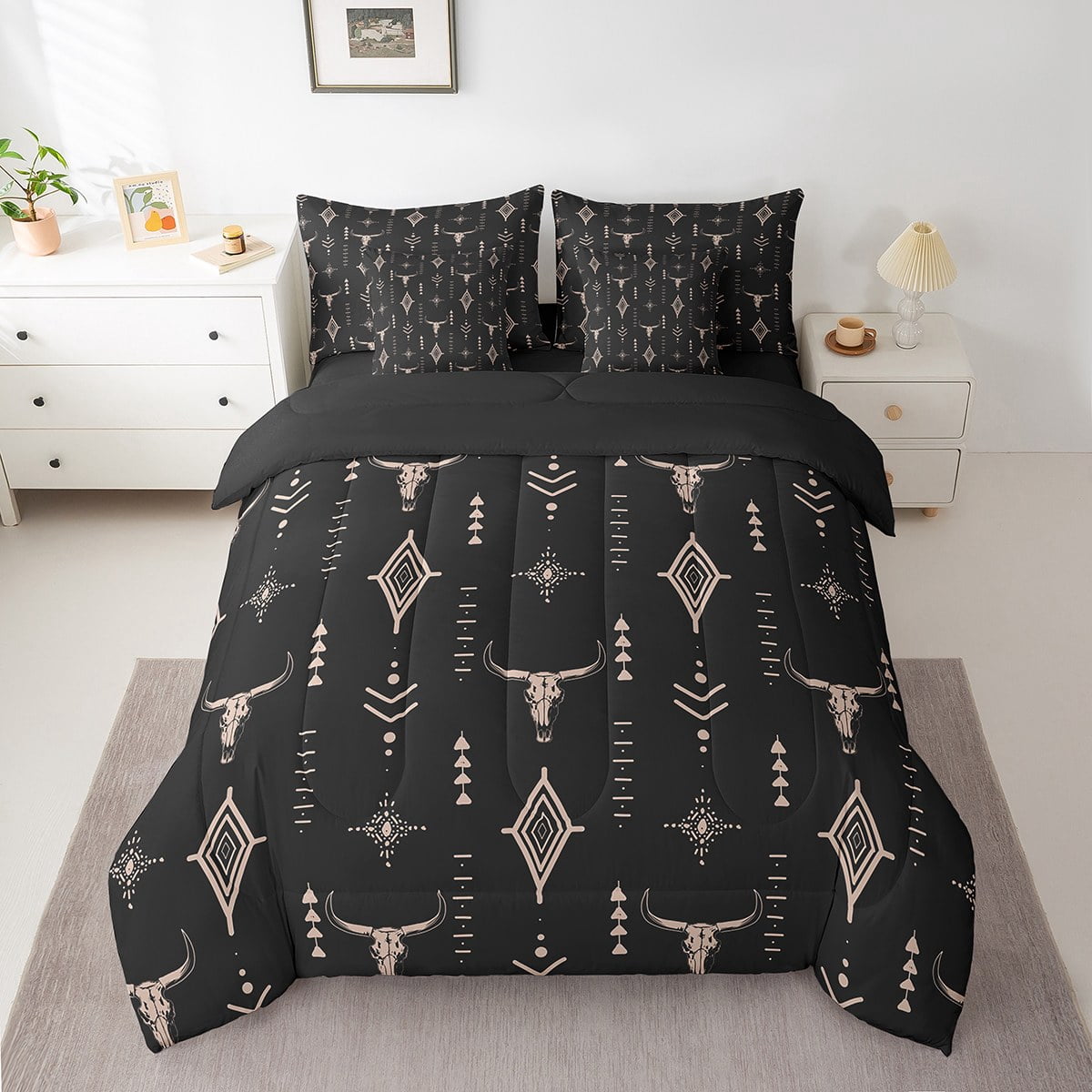 Erosebridal 7 Pieces Aztec Tribal Bedding Queen Size,Western Style Queen Bed Set Skull,Bull Skull Comforter Sets With Sheets,Black Reversible,Breathable Exotic Room Decor