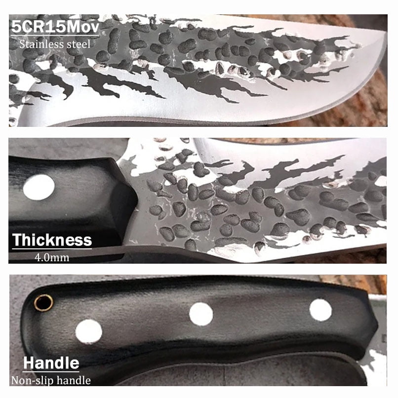 Hand Forged Outdoor Knife, Solid Wood Handle Full Tang Fixed Blade Knife with Brown Sheath for Camping Hunting Household Cutting